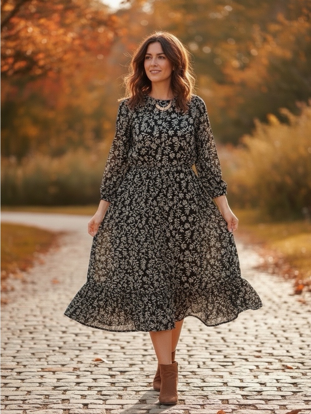 New black white leaf pattern large dress cottage core boho full length 49" pit22